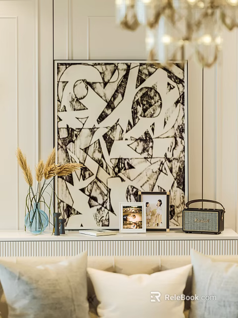 Modern Minimalist Decorative Ornament Set With Vase Photo Frames And Pampas Grass On Shelf 3d model 