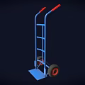 Blue Frame Hand Truck With Red Handles And Red Wheels For Transport