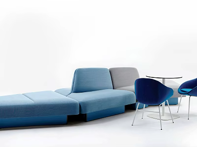 Modern Public Seating With Blue And Gray Modular Sofa And Round Side Table 3d model