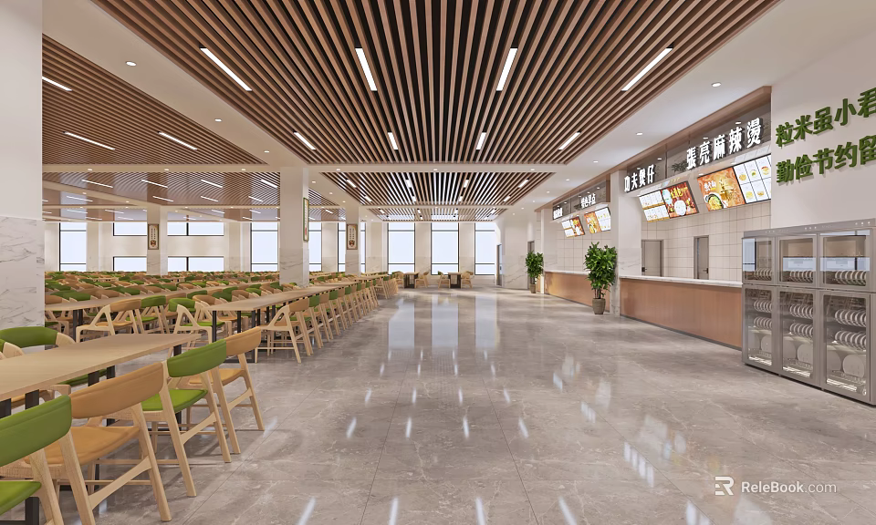Spacious Cafeteria Interior With Wooden Ceiling Bright Lighting Marble Floor Tables Chairs And Food Counters 3d model 