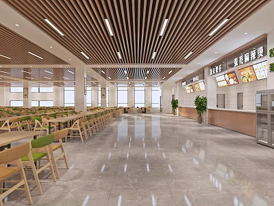 Spacious Cafeteria Interior With Wooden Ceiling Bright Lighting Marble Floor Tables Chairs And Food Counters 3d model