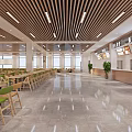 Spacious Cafeteria Interior With Wooden Ceiling Bright Lighting Marble Floor Tables Chairs And Food Counters