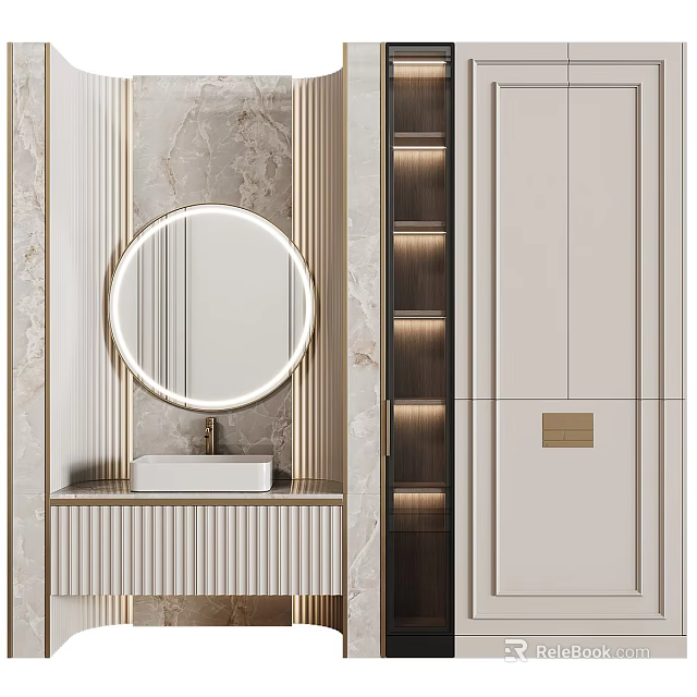 Modern Luxury Bathroom Vanity Design With Round Mirror Marble Wall And LED Strip Cabinets 3d model 