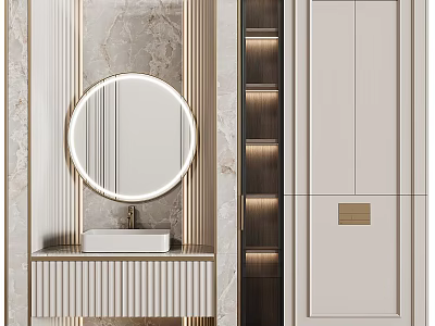 Modern Luxury Bathroom Vanity Design With Round Mirror Marble Wall And LED Strip Cabinets 3d model