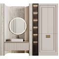 Modern Luxury Bathroom Vanity Design With Round Mirror Marble Wall And LED Strip Cabinets