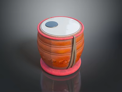 Traditional Carved Leather Drum With Red Trim White Head And Black Center 3d model