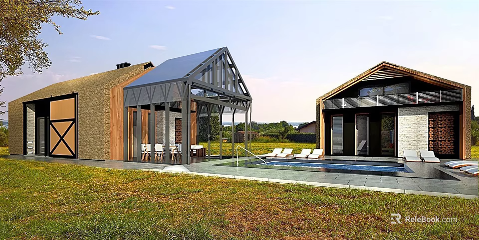 Modern Guesthouse Architecture With Glass Facade Swimming Pool And Green Grass Area 3d model 