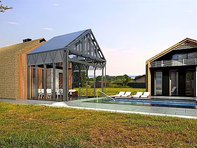 Modern Guesthouse Architecture With Glass Facade Swimming Pool And Green Grass Area 3d model
