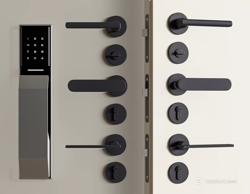 Modern Black Door Handles with Digital Lock Panel and Various Designs for Home Use 3d model 