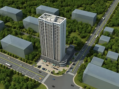 Modern High Rise Residential Building Surrounded by Green Trees Roads and Parking Lot 3d model