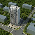 Modern High Rise Residential Building Surrounded by Green Trees Roads and Parking Lot