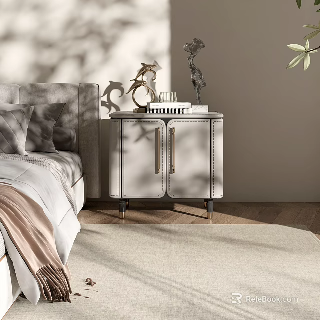 Elegant Leather Bedside Table With Metal Handles Wooden Legs And Decorative Items 3d model 