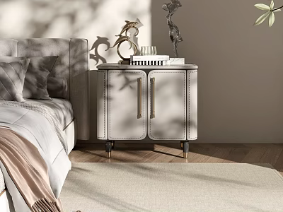 Elegant Leather Bedside Table With Metal Handles Wooden Legs And Decorative Items 3d model