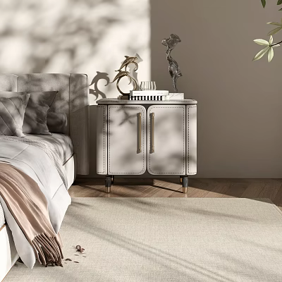 Elegant Leather Bedside Table With Metal Handles Wooden Legs And Decorative Items 3d model