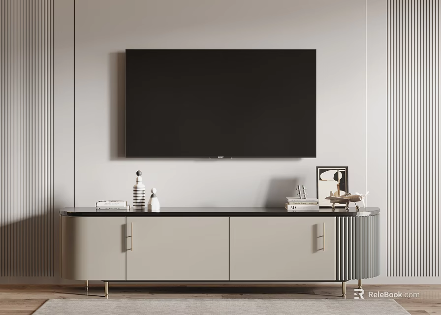 Modern TV Stand With Wall Mounted TV Storage Cabinets And Decorative Items On Striped Background 3d model 