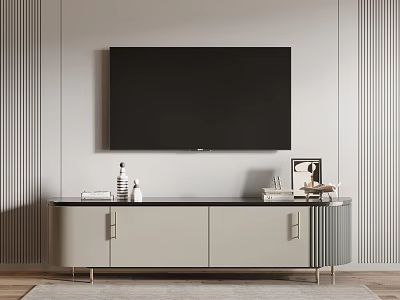Modern TV Stand With Wall Mounted TV Storage Cabinets And Decorative Items On Striped Background 3d model