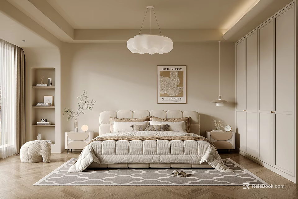 Modern Beige Bedroom Interior With Plush Bed Cloud-shaped Pendant Light Built-in Wardrobe And Geometric Rug 3d model 