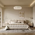 Modern Beige Bedroom Interior With Plush Bed Cloud-shaped Pendant Light Built-in Wardrobe And Geometric Rug