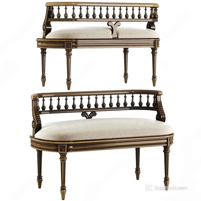 Classic Wooden Footstool Design With Carved Details And Light Colored Cushion 3d model 