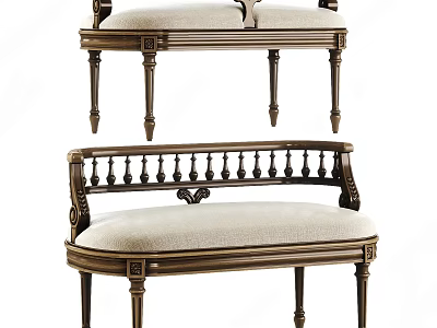 Classic Wooden Footstool Design With Carved Details And Light Colored Cushion 3d model