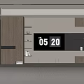 Modern Living Room TV Wall Design With Digital Clock Wooden Panels And Built in Shelves
