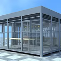 Modern Glass And Metal Modular Structure With Large Windows Shelves And Checkerboard Floor