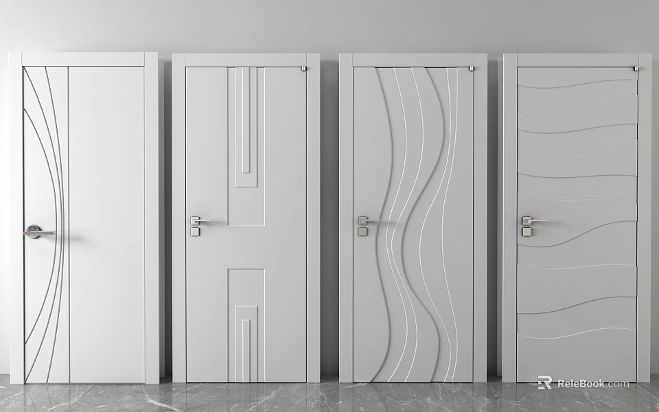 White Hinged Doors with Various Modern Line Patterns for Interior Design 3d model 
