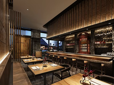 Modern Restaurant Interior With Wooden Decor Bar Counter Dining Tables And Wine Racks Lighting 3d model