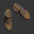 Brown High Top Shoes With Red And Blue Stripes Gray Laces And Textured Soles