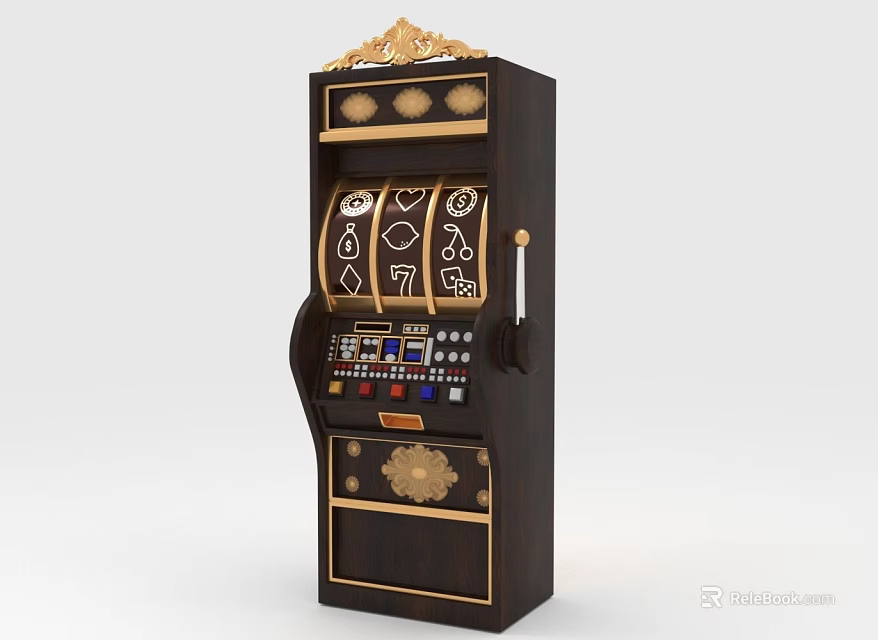 Vintage Wooden Slot Machine with Golden Top Decor and Three Reels for Chess Card Entertainment 3d model 