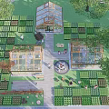 Rural Landscape With Glass Greenhouses Wooden Frames Vegetable Plots And Trees