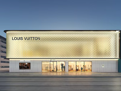 Elegant Illuminated Louis Vuitton Boutique Window Showcase With Unique Golden Patterned Facade At Dusk 3d model