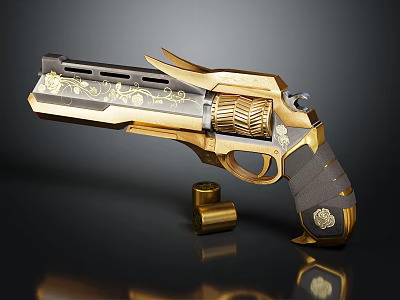 Decorative Revolver With Golden Engraved Patterns Black Grip And Bullet Casing 3d model