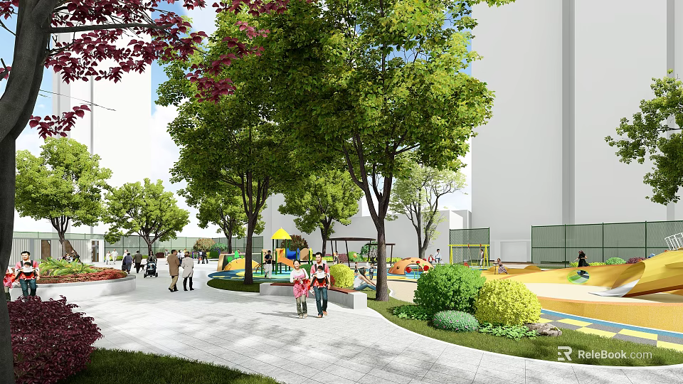 Residential Landscape With Paved Walkway Lush Greenery People Walking And Children's Playground Area 3d model 