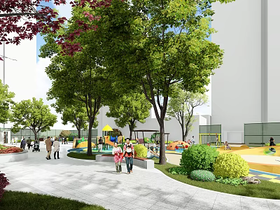 Residential Landscape With Paved Walkway Lush Greenery People Walking And Children's Playground Area 3d model