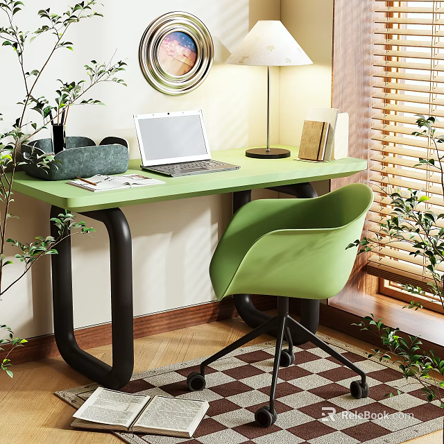 Modern Green Desk With Matching Chair Laptop Table Lamp Books And Potted Plants 3d model 