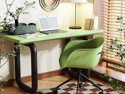 Modern Green Desk With Matching Chair Laptop Table Lamp Books And Potted Plants 3d model