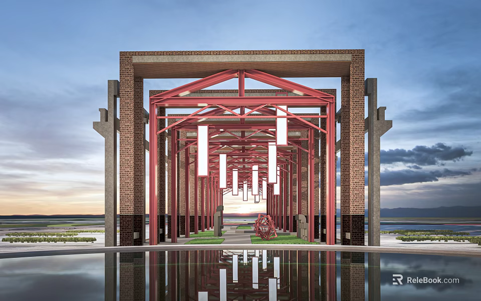 Garden Ornament Featuring Red Brick Structure Red Metal Frame White Lanterns Pool Reflection And Grass 3d model