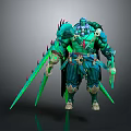 Green And Blue Armored Muscular Warrior With Spiked Blades And Ornate Details