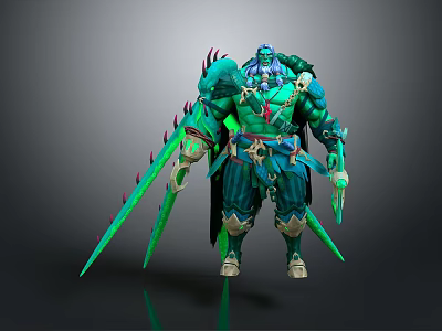 Green And Blue Armored Muscular Warrior With Spiked Blades And Ornate Details 3d model