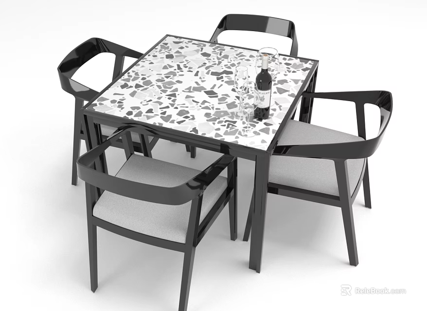 Contemporary Dining Table and Chairs Set Featuring Patterned Tabletop Black Frame and Gray Cushion 3d model 