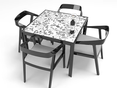 Contemporary Dining Table and Chairs Set Featuring Patterned Tabletop Black Frame and Gray Cushion 3d model