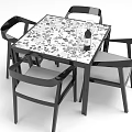 Contemporary Dining Table and Chairs Set Featuring Patterned Tabletop Black Frame and Gray Cushion