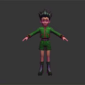 3D Character Model With Green Spiky Hair And Green Outfit Standing With Outstretched Hands
