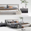 Modern Double Bed Interior With Soft Pillows Nightstand Plant And Decorative Items 3d model