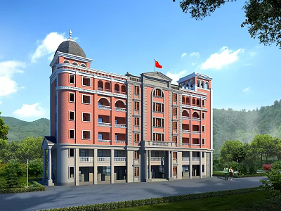 Red Brick School Building With Dome Tower Red Flag Green Trees And Lawn 3d model