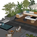 Lush Courtyard Garden Design With Wooden Deck Outdoor Sofa Umbrella And Tropical Plants