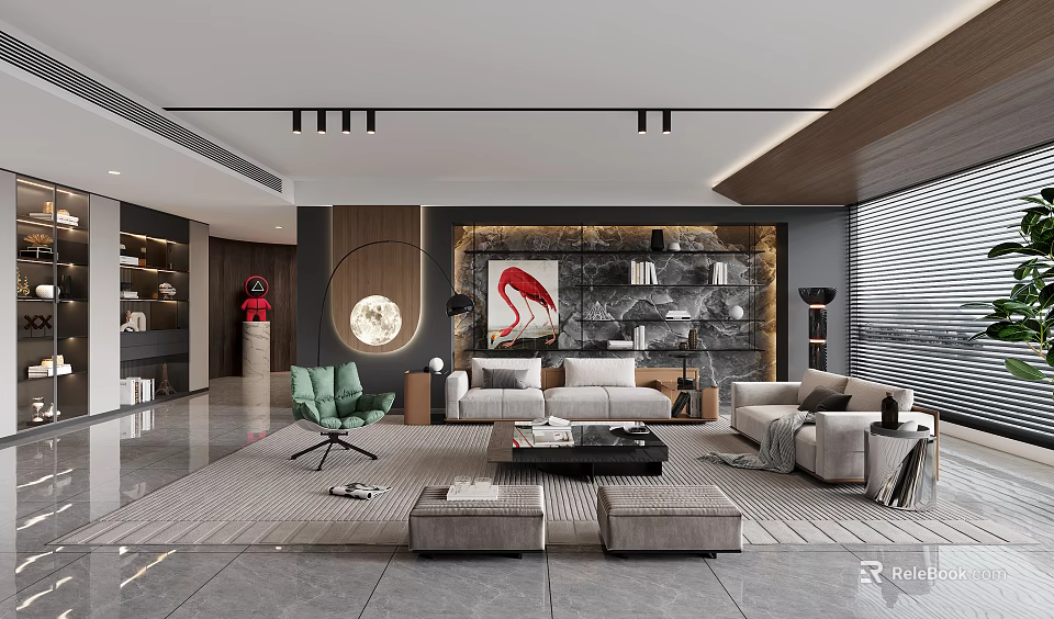 Modern Living Room Interior Design With Sofa Green Chair Coffee Table And Marble Shelves 3d model 