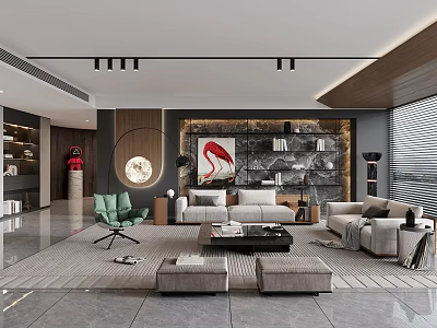 Modern Living Room Interior Design With Sofa Green Chair Coffee Table And Marble Shelves 3d model