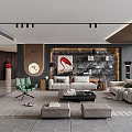 Modern Living Room Interior Design With Sofa Green Chair Coffee Table And Marble Shelves